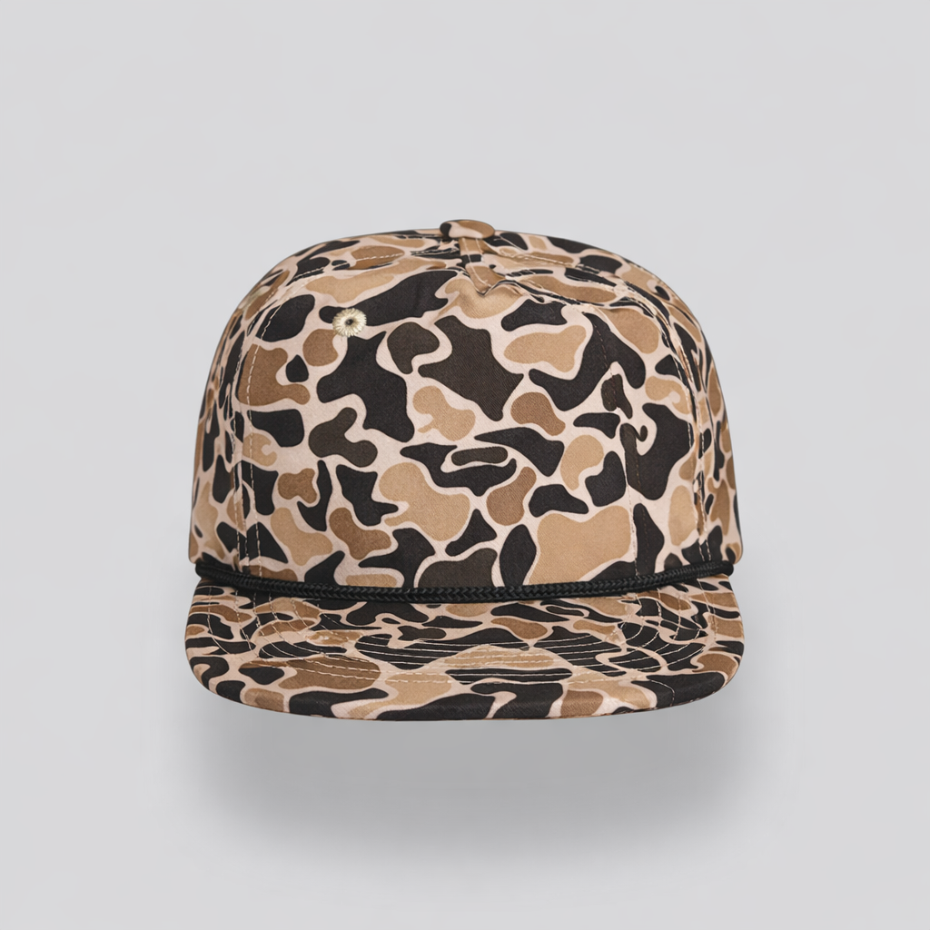 Coyote Camo Black Rope Five Panel Hat With Classic Snapback