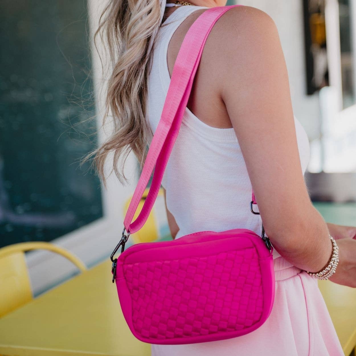 Hot Pink Neoprene Crossbody Bag With Woven Details Wholesale