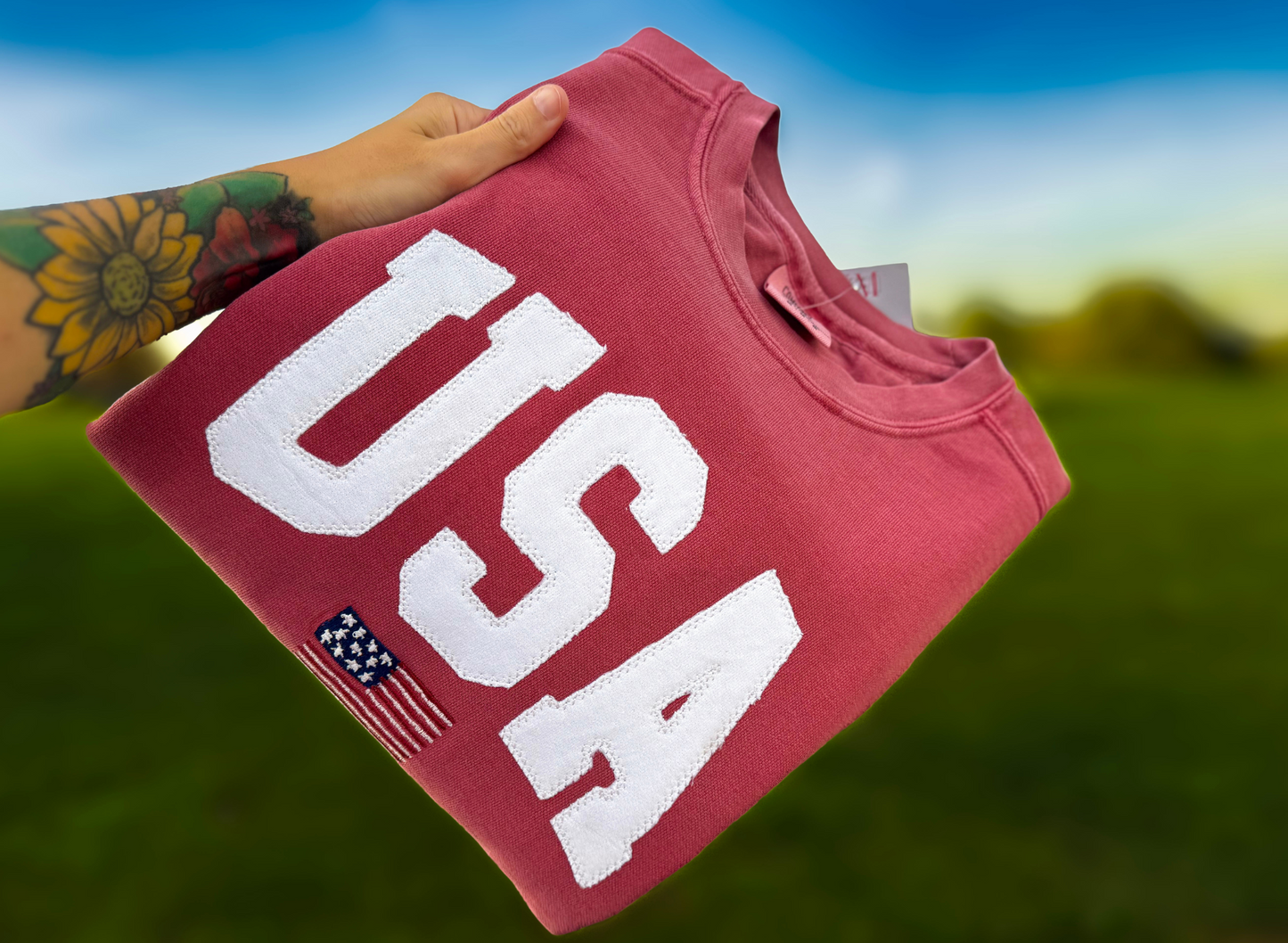 Proud of Our Roots USA Crewneck – Handmade Patriotic Sweatshirt