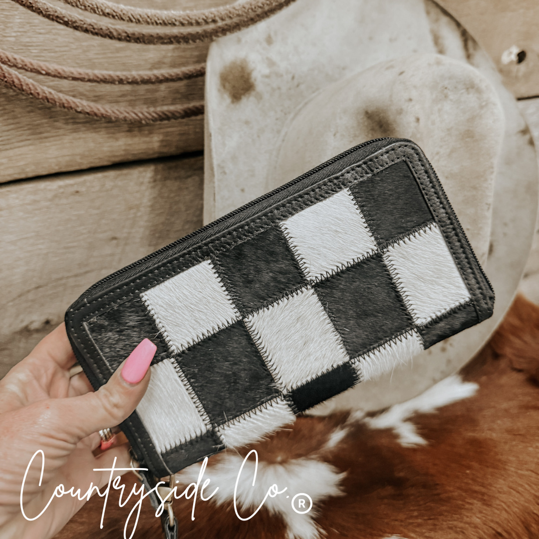 Stockyard Black Checkered Cowhide Wallet Wristlet For Women
