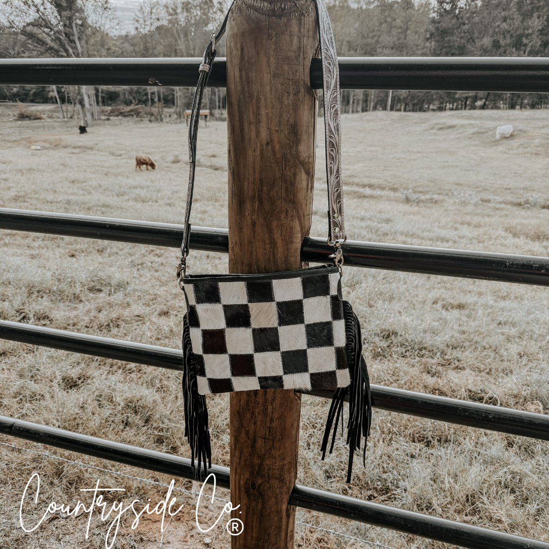 Rodeo Square Cowhide Checkered Purse With Leather Back And Strap