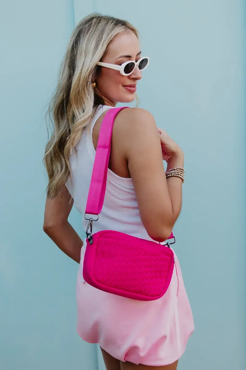 Hot Pink Neoprene Crossbody Bag With Woven Details Wholesale