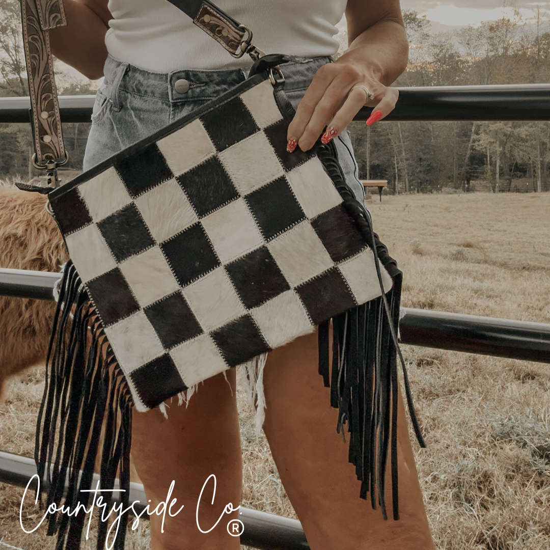 Rodeo Square Cowhide Checkered Purse With Leather Back And Strap