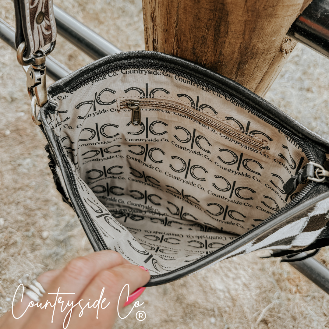 Rodeo Square Cowhide Checkered Purse With Leather Back And Strap
