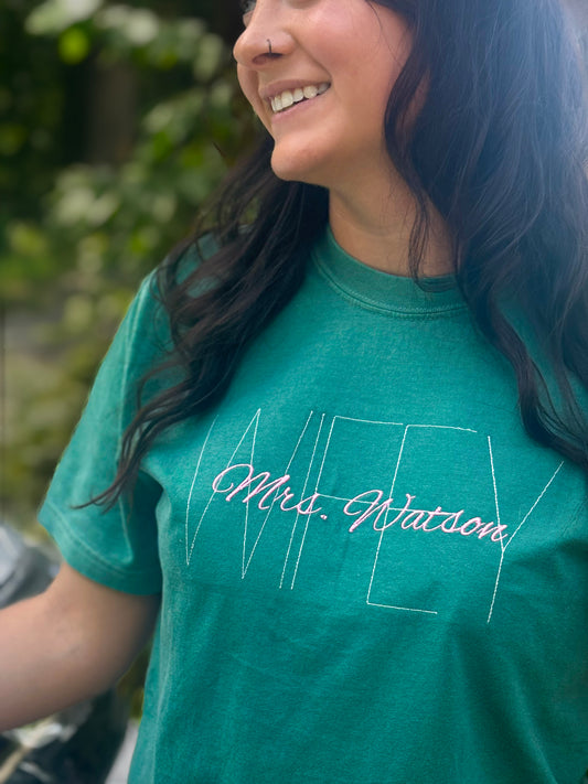 Custom Wifey Embroidered Tee – Personalized Bride Shirt with Last Name T-Shirt