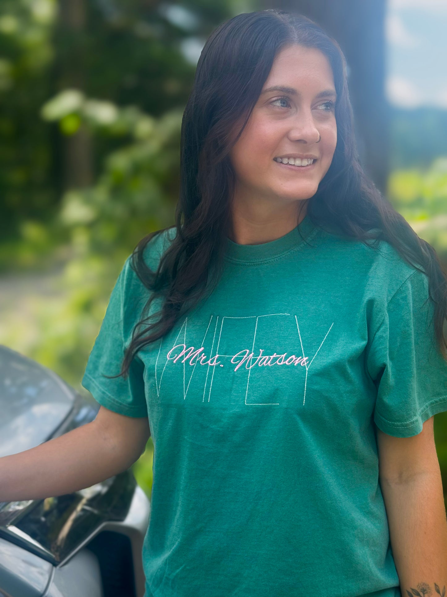 Custom Wifey Embroidered Tee – Personalized Bride Shirt with Last Name T-Shirt