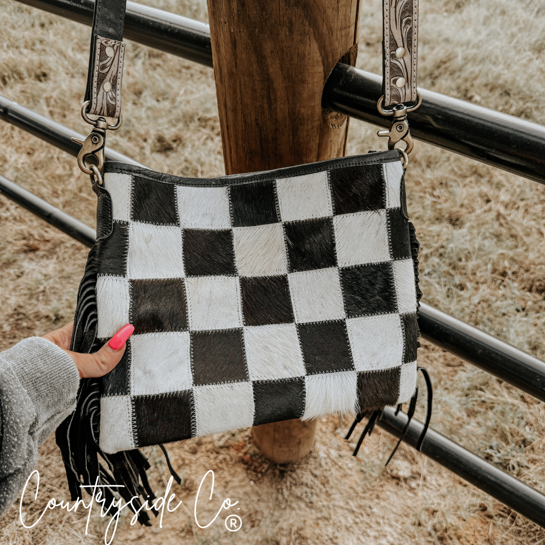 Rodeo Square Cowhide Checkered Purse With Leather Back And Strap