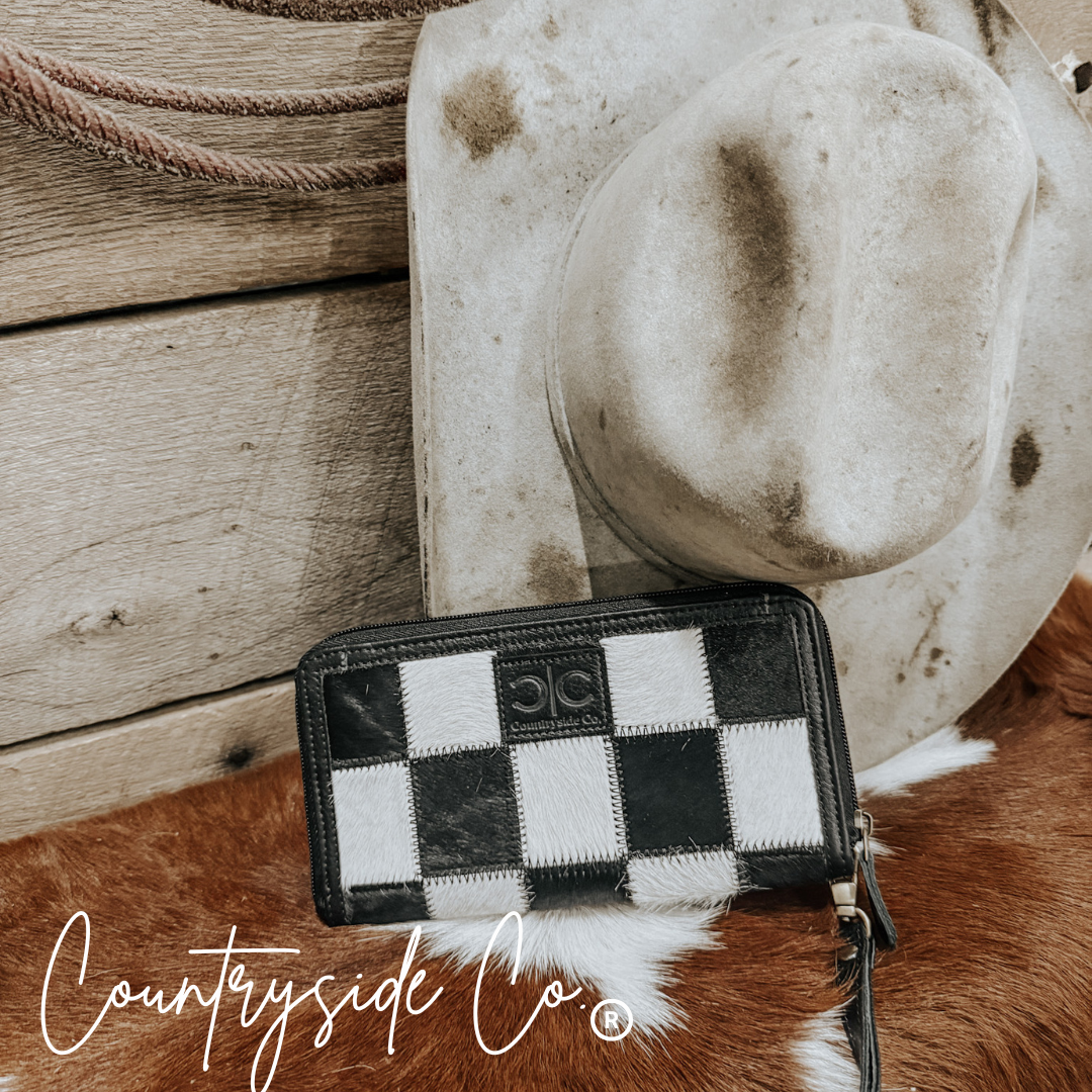 Stockyard Black Checkered Cowhide Wallet Wristlet For Women