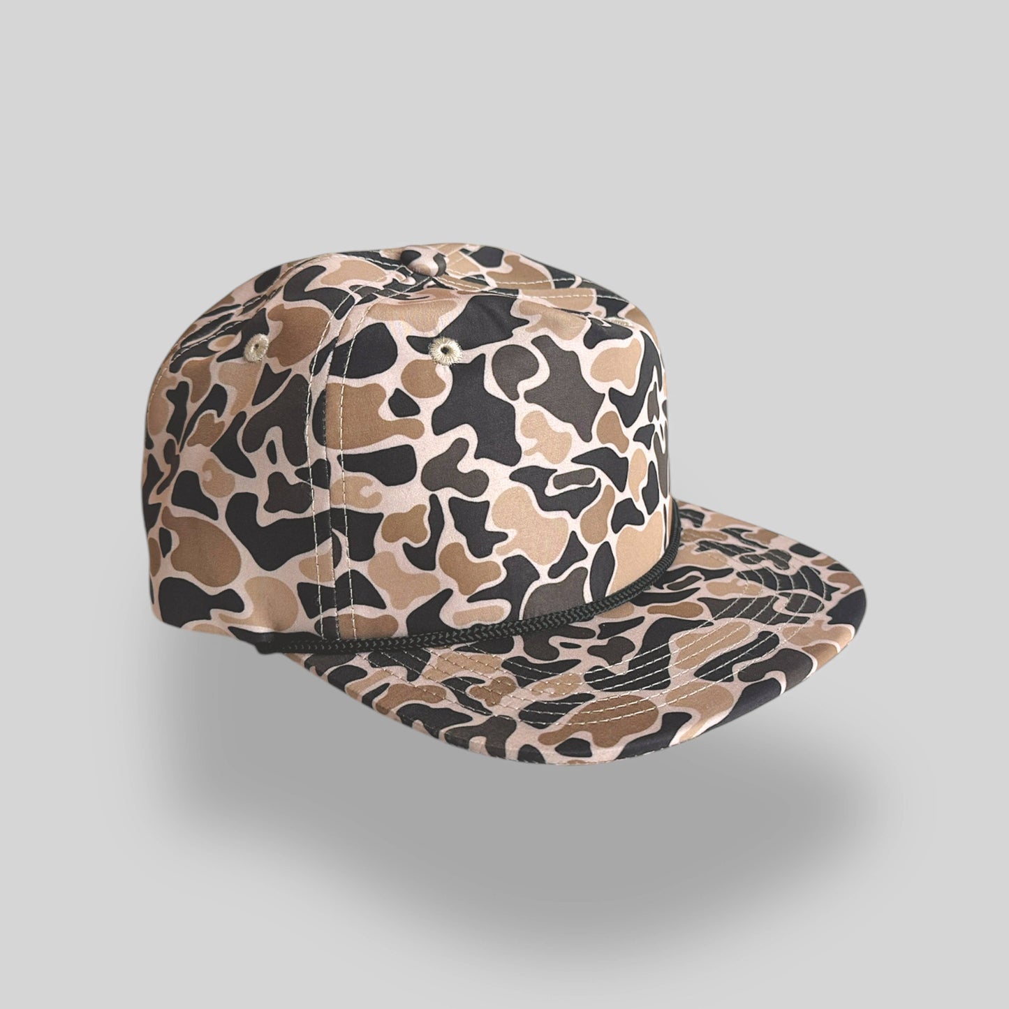 Coyote Camo Black Rope Five Panel Hat With Classic Snapback
